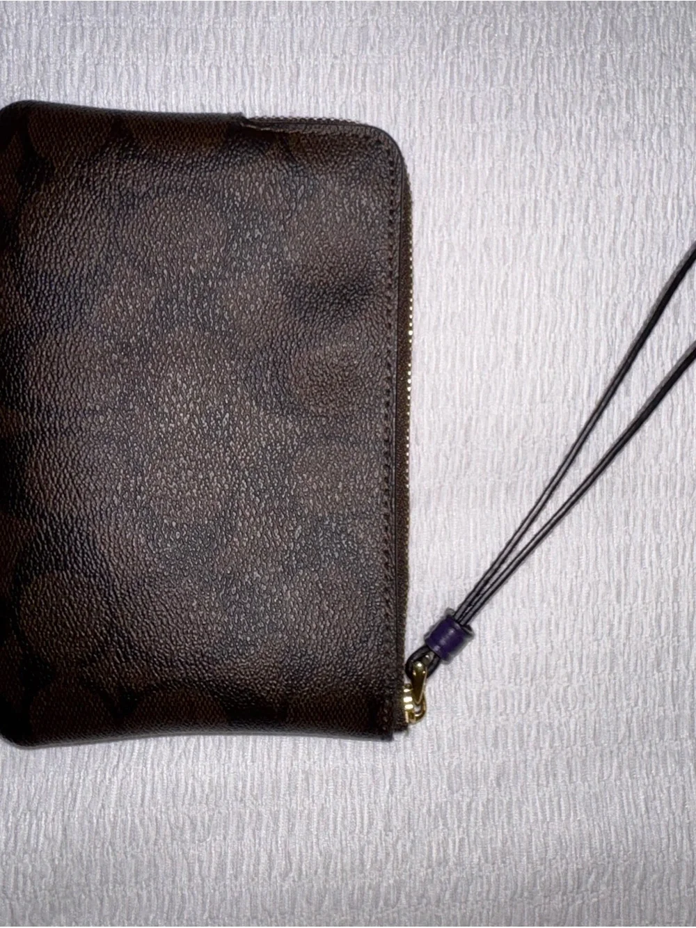 Coach Brown Signature Wristlet with Purple Center Stripe